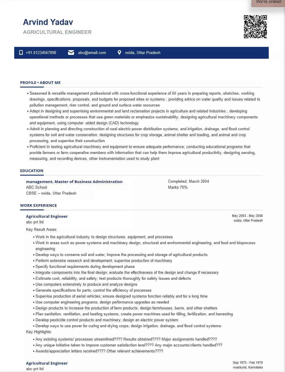 Agricultural Engineer Sample & Ready To Use Example ShriResume