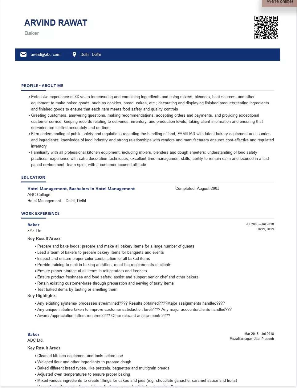 Baker Sample & Ready To Use Example | ShriResume