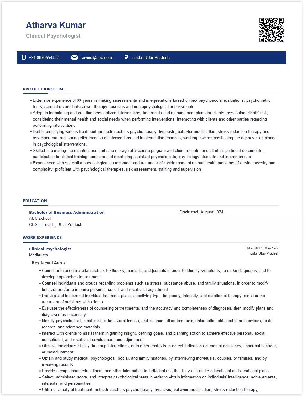 Clinical Psychologists Sample & Ready To Use Example ShriResume