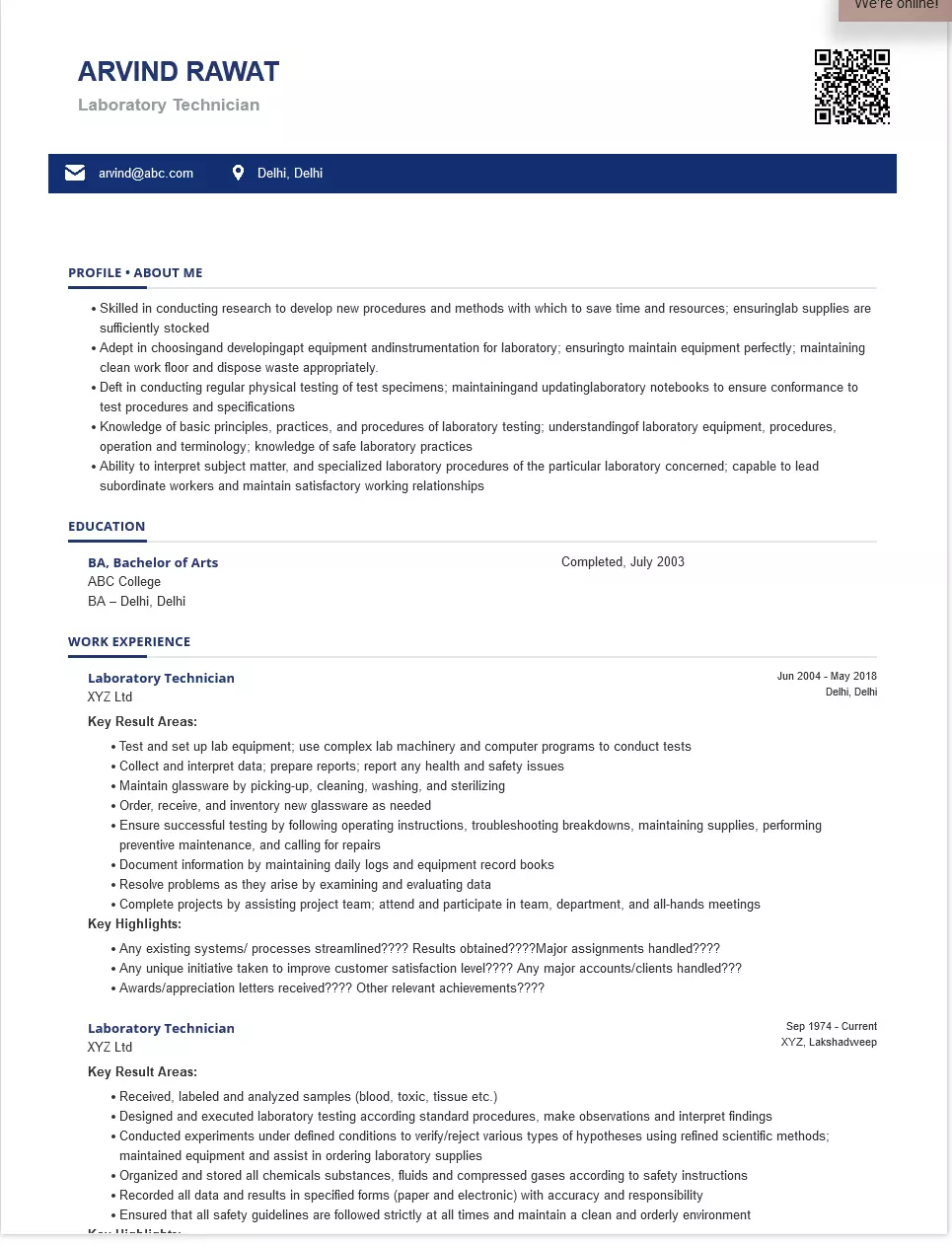 Laboratory Technician Sample & Ready To Use Example ShriResume