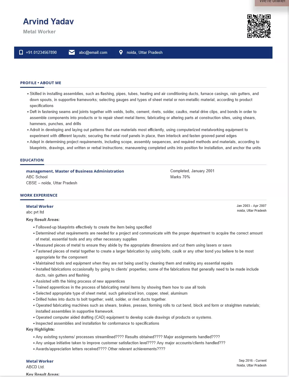 Metal Worker Sample & Ready To Use Example | ShriResume