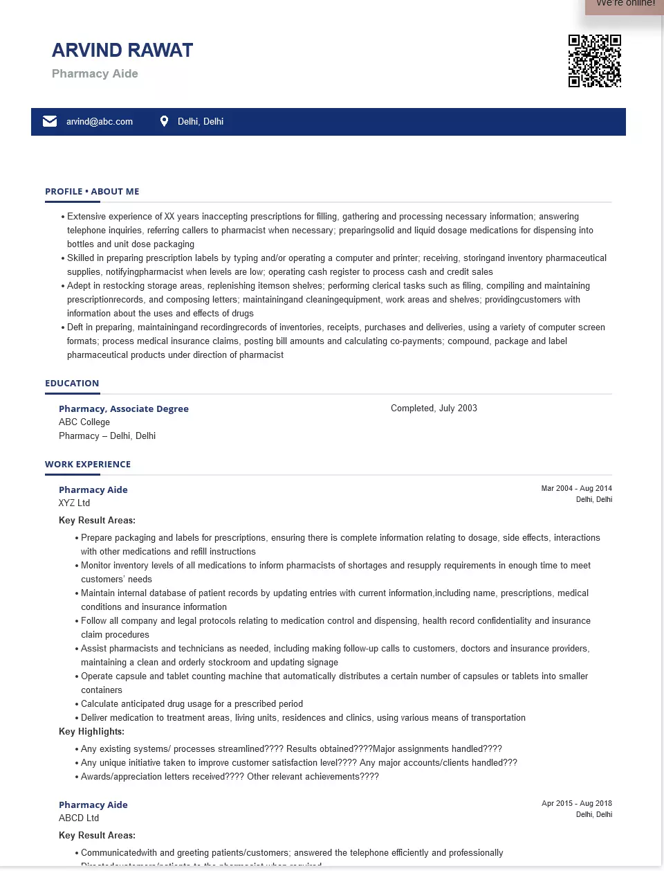 Pharmacy Aide Sample & Ready To Use Example | ShriResume