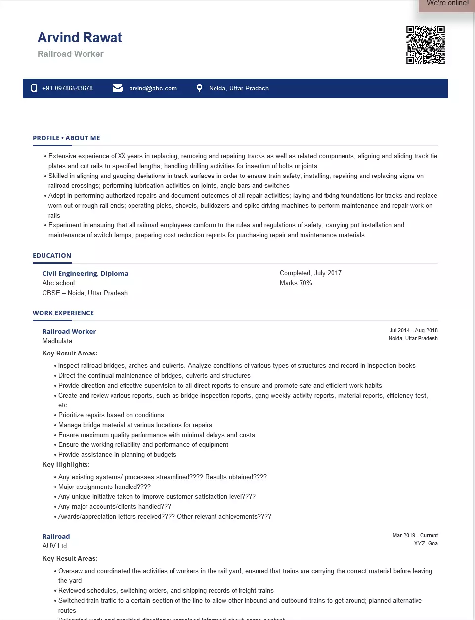 sample resume for railway jobs