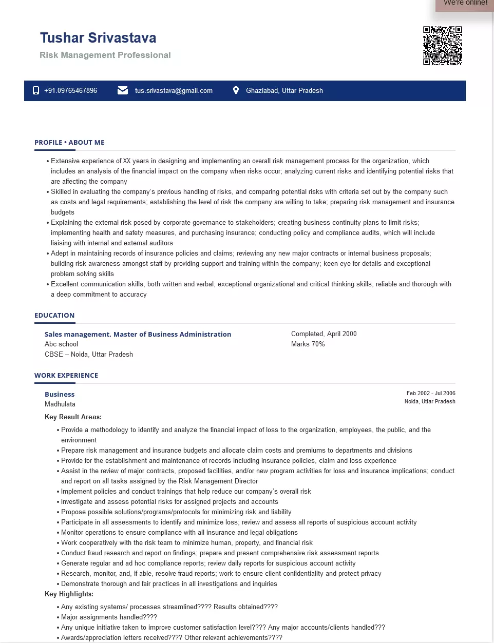 Risk Management Sample And Ready To Use Example Shriresume 