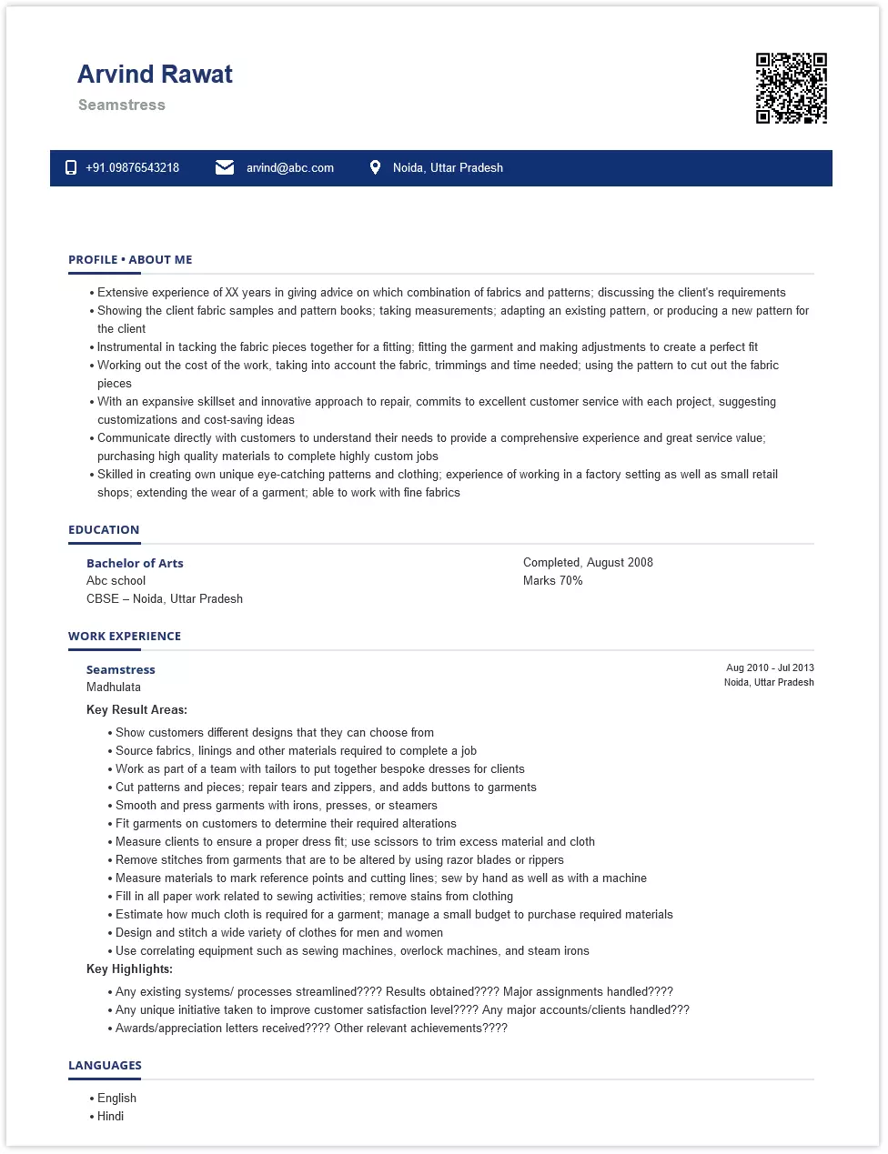 Seamstress Sample & Ready To Use Example | ShriResume